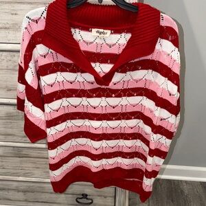 Haptex Women's Red and Pink Striped Cowl Neck Sweater